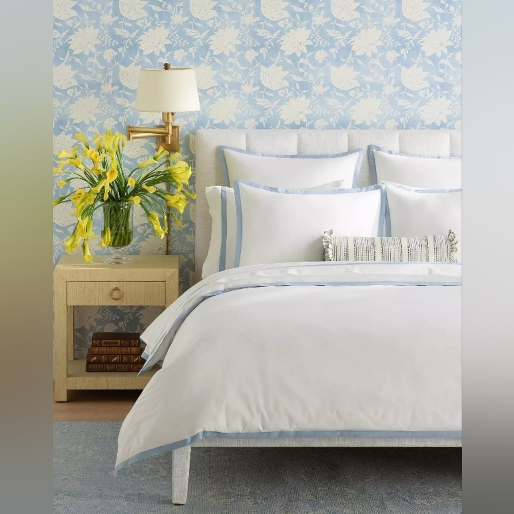 Border Frame Sateen Duvet Cover by Serena & Lily, Coastal Blue, King  Orig $420